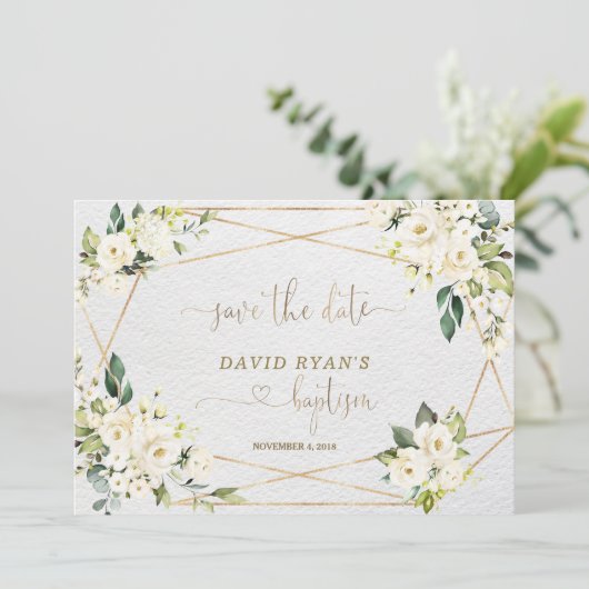 Lieflijke Aquarel Blauwe Bloem Goud Doopfeest Save The Date (Staand voorkant)