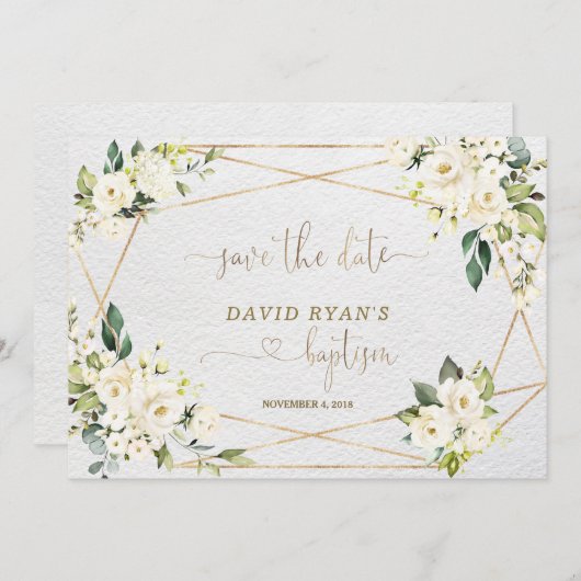 Lieflijke Aquarel Blauwe Bloem Goud Doopfeest Save The Date (Voorkant / Achterkant)