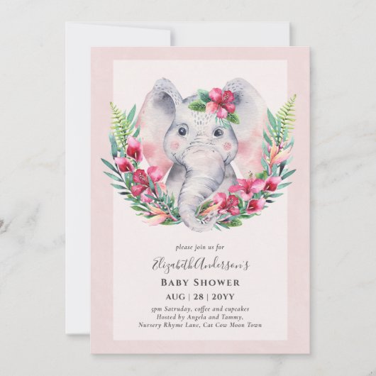 Lieflijke Bloemige Olifant Baby Shower Uitnodiging (Voorkant)