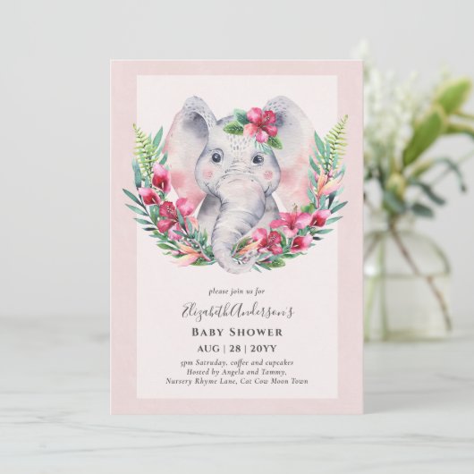 Lieflijke Bloemige Olifant Baby Shower Uitnodiging (Staand voorkant)