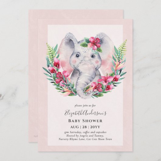 Lieflijke Bloemige Olifant Baby Shower Uitnodiging (Voorkant / Achterkant)