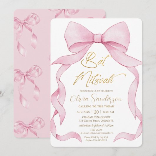 Lieflijke Coquette Roze Lint Strikken Bat Mitzvah Kaart (Voorkant / Achterkant)