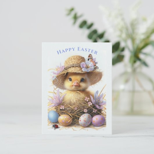 Lieflijke Eend Strohoed Paaseieren Bloemen Briefkaart (Staand voorkant)
