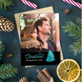 Lieflijke Gezinsfoto Turquoise Kerstboom Waterverf Magneet