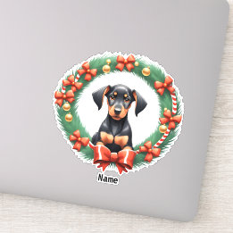 Lieflijke Kerst Dobermann Pup in Festieve Krans  Sticker