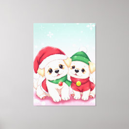 Lieflijke Kerstpuppy's in Feestelijke Mutsen Kunst Canvas Afdruk