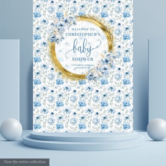 Lieflijke pastel blauwe bloemen gouden babyshower wandkleed