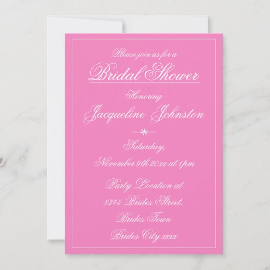Lieflijke Roze Elegante Witte Script Bruidsfeest Kaart (Voorkant)
