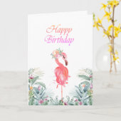 Lieflijke Roze Flamingo's Tropische Bloemen Verjaa Kaart (Gele Bloem)
