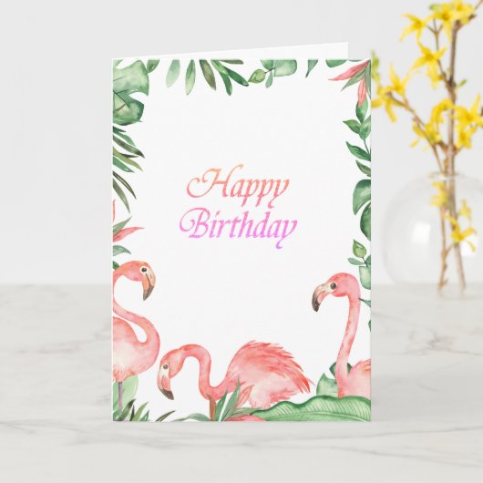 Lieflijke Roze Flamingo's Tropische Verjaardag Kaart (Gele Bloem)