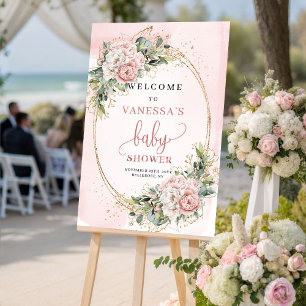 Lieflijke Roze Gouden Bloemige Baby Shower Welkoms Poster