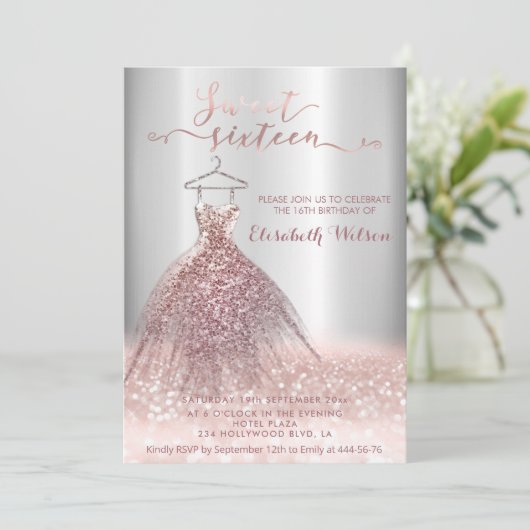 Lieflijke roze gouden glinsterende jurk calligrafi kaart (Staand voorkant)