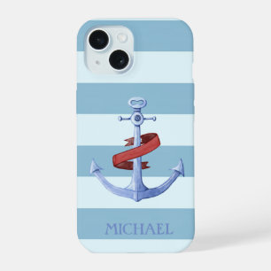 Lieflijke scheepsanker lichtblauwe strepen iPhone 15 case
