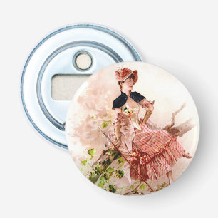 Lieflijke Vintage Dame In Roze Jurk Button Flesopener