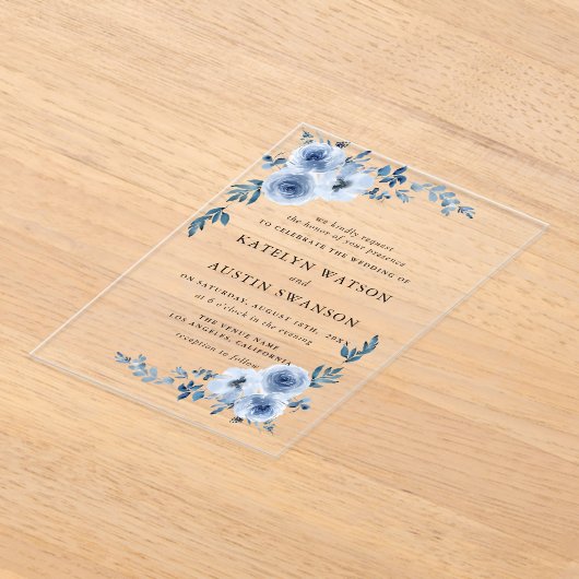 lieflijke waterverf stoffig blauwe bloemige bruilo acryl uitnodigingen (Laagn)