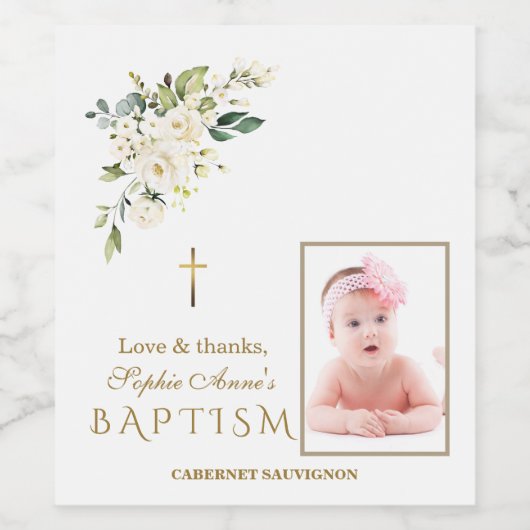 Lieflijke witte bloemengoud meisjesfoto Doop  Wijn Etiket (Enkel label)