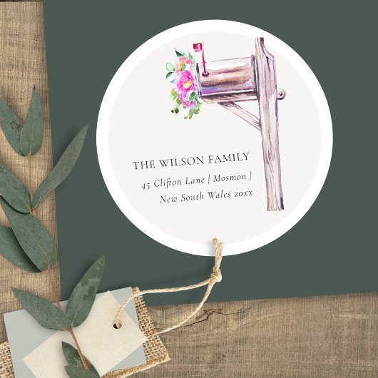 Liefroze Floral Mailbox Wij hebben Bewegd Adres Ronde Sticker