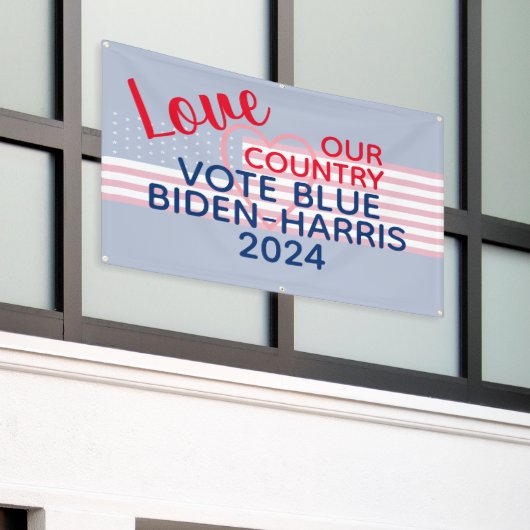 Liefs Ons Land Stemming Blauw Biden-Harris 2024 Spandoek (Buitenkant Gebouw)