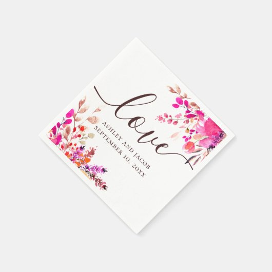 Liefs. Waterverf roze bloementuin script bruiloft Servet (Hoek)