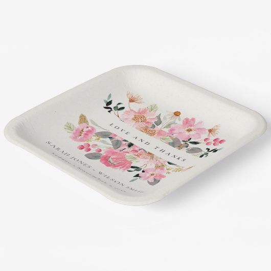 Liefst Blush Pink Waterverf Floral Weddenschap Bed Papieren Bordje (Gebogen)