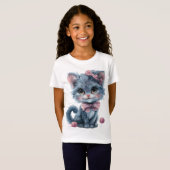 Liefste blauwe kitten met speelse roze strikjes t-shirt (Voorkant volledig)