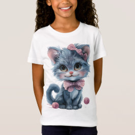 Liefste blauwe kitten met speelse roze strikjes t-shirt