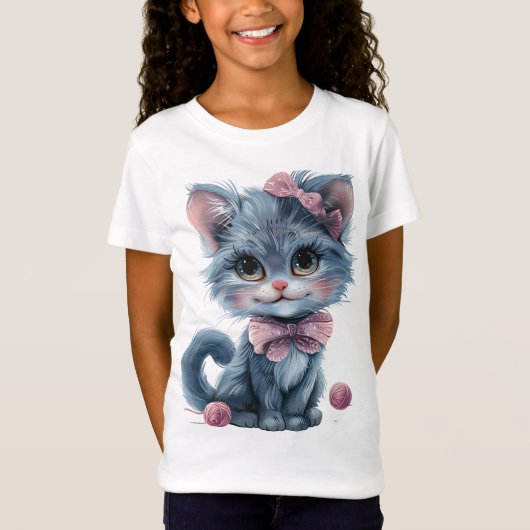 Liefste blauwe kitten met speelse roze strikjes t-shirt (Voorkant)