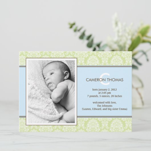 Liefste Damask Baby Boy Birth Announement Aankondiging (Staand voorkant)