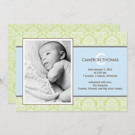 Liefste Damask Baby Boy Birth Announement Aankondiging (Voorkant / Achterkant)