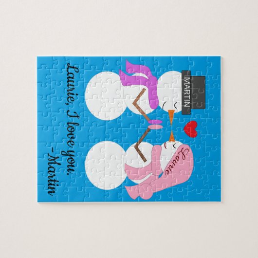 Liefste Sneeuwmensen in Liefde: Blauwgroene Kerstm Legpuzzel (Horizontaal)