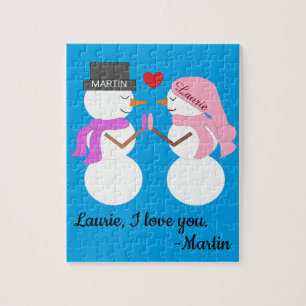 Liefste Sneeuwmensen in Liefde: Blauwgroene Kerstm Legpuzzel