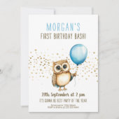 Liefste uil blauwe ballon 1e verjaardag kaart (Voorkant)