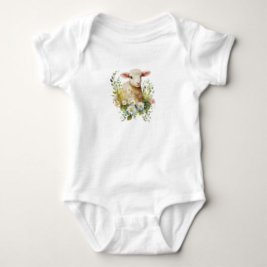 Liefste Waterverf Baby Lamb met Bloemen Romper (Voorkant)