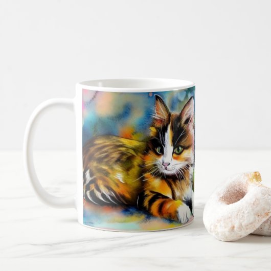 Liegende Katze, Aquarell -  Koffiemok (Met donut)