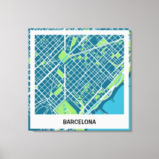 Lienzo mapa minimalista Barcelona - Azul-Verde Canvas Afdruk (Voorkant)