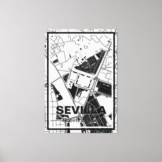 Lienzo mapa minimalista Sevilla - Blanco-negro Canvas Afdruk (Voorkant)