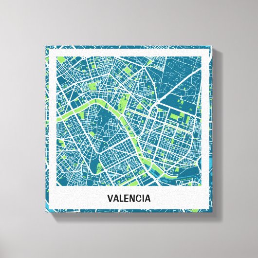 Lienzo mapa minimalista Valencia - Azul-Verde Canvas Afdruk (Voorkant)