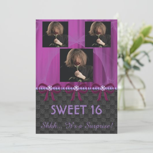 Lieve 16-partij Violet Silk & Parels & foto's Kaart (Staand voorkant)