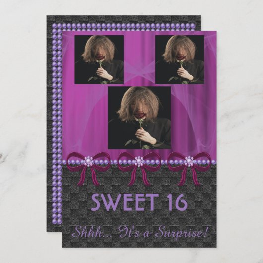 Lieve 16-partij Violet Silk & Parels & foto's Kaart (Voorkant / Achterkant)