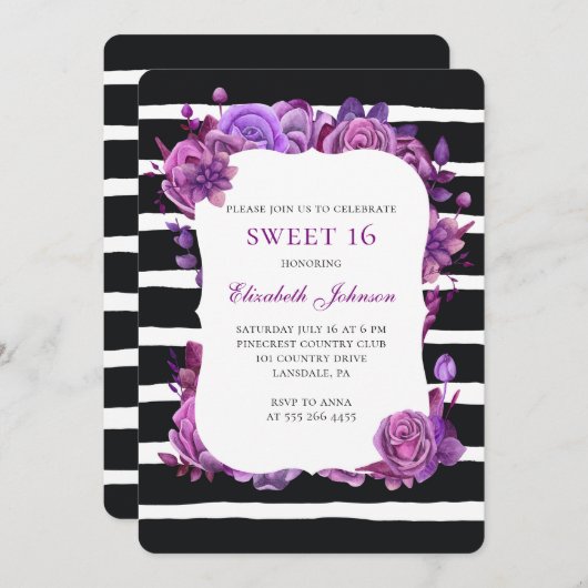 Lieve 16 uitnodiging. Paarse bloemen 16e verjaarda Kaart (Voorkant / Achterkant)