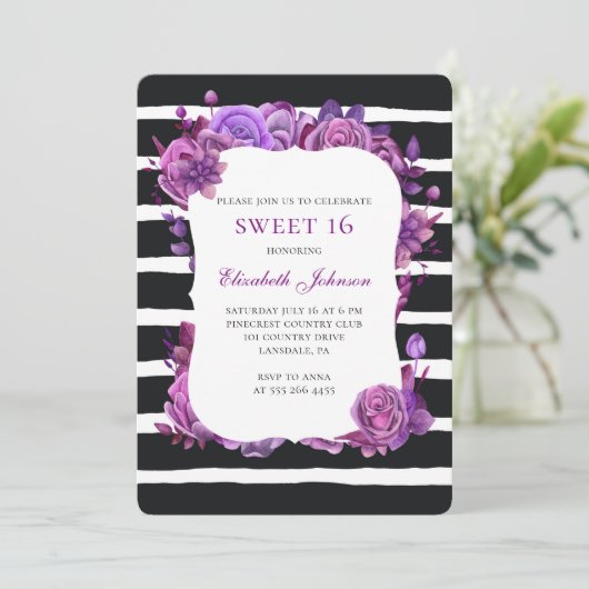 Lieve 16 uitnodiging. Paarse bloemen 16e verjaarda Kaart (Staand voorkant)