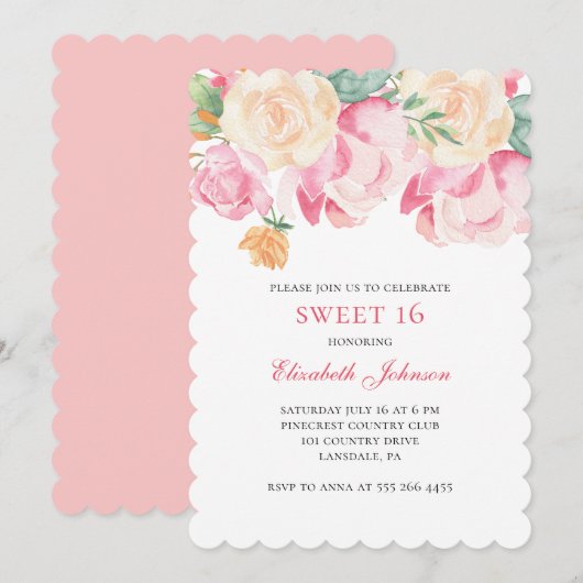 Lieve 16 uitnodiging. Roze bloemen 16e verjaardag Kaart (Voorkant / Achterkant)