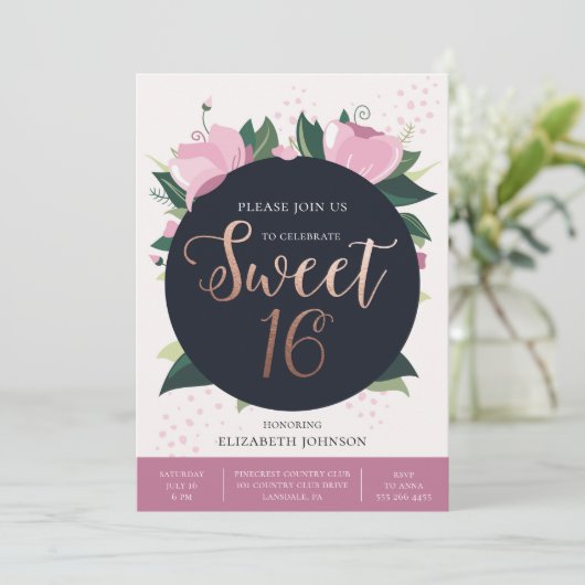 Lieve 16 verjaardagskaart. Goud en roze. Floral Kaart (Staand voorkant)