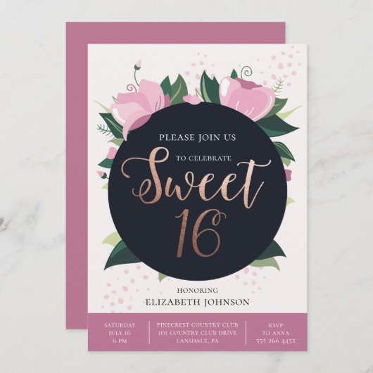 Lieve 16 verjaardagskaart. Goud en roze. Floral Kaart (Voorkant / Achterkant)