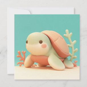 Lieve 3D klei zeeschildpad met oranje koraal ansic