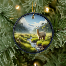 Lieve Alpaca in een Weiland  Keramisch Ornament