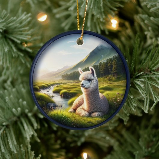 Lieve Alpaca in een Weiland Keramisch Ornament
