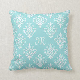 Lieve Aqua Blue en White Damask met Monogram Kussen