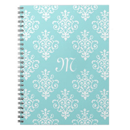Lieve Aqua Blue en White Damask met Monogram Notitieboek
