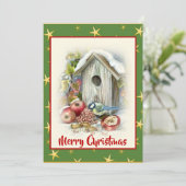 Lieve aquarel Prettig kerstfeest Vogel Sneeuw Ster Feestdagenkaart (Staand voorkant)